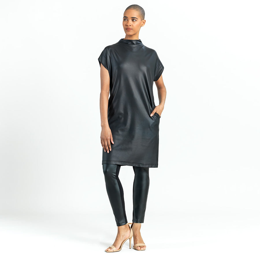 Liquid Leather™ - High Neck Tunic Pocket Dress - Black