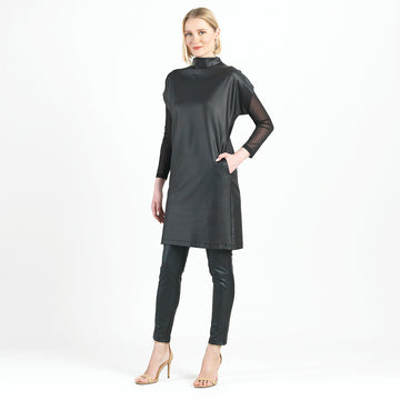 Liquid Leather™ - High Neck Tunic Pocket Dress - Black