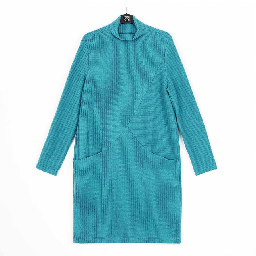 Chunky Ribbed - Tunic Pocket Sweater Dress - Teal