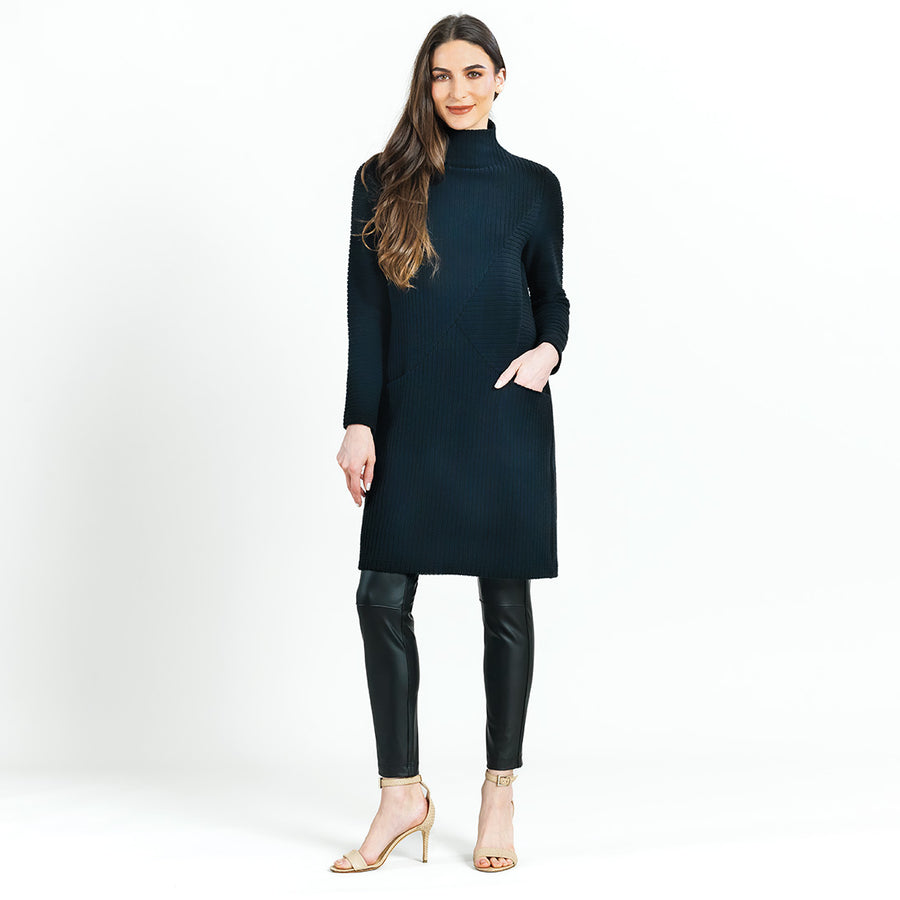 Chunky Ribbed - Tunic Pocket Sweater Dress - Black