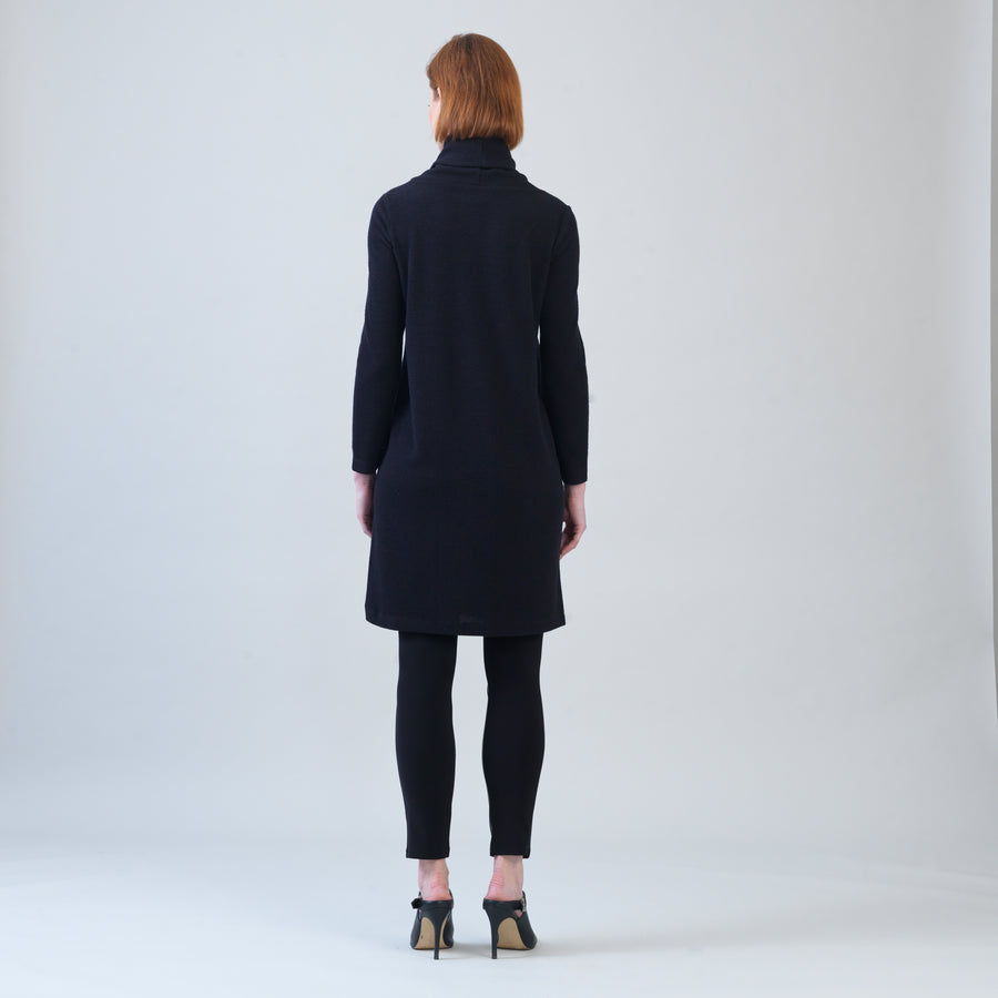 Ribbed - Cowl Turtleneck Tunic Sweater Dress - Black - Final Sale!