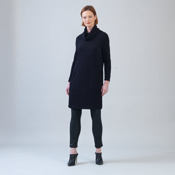 Ribbed - Cowl Turtleneck Tunic Sweater Dress - Black - Final Sale!