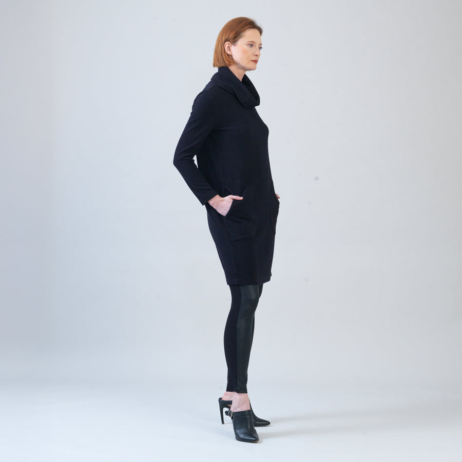 Ribbed - Cowl Turtleneck Tunic Sweater Dress - Black - Final Sale!