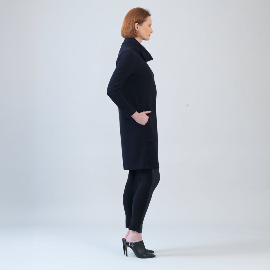 Ribbed - Cowl Turtleneck Tunic Sweater Dress - Black - Final Sale!