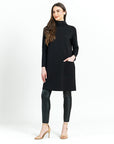 Ponte Knit - Funnel Neck Tunic Sweater Dress - Black