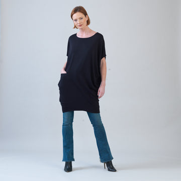 Rayon-Ponte Knit - Architectural Tunic Pocket Dress - Black - Final Sale!