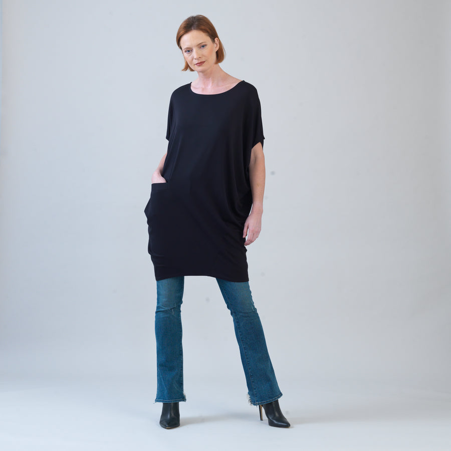 Rayon-Ponte Knit - Architectural Tunic Pocket Dress - Black - Final Sale!