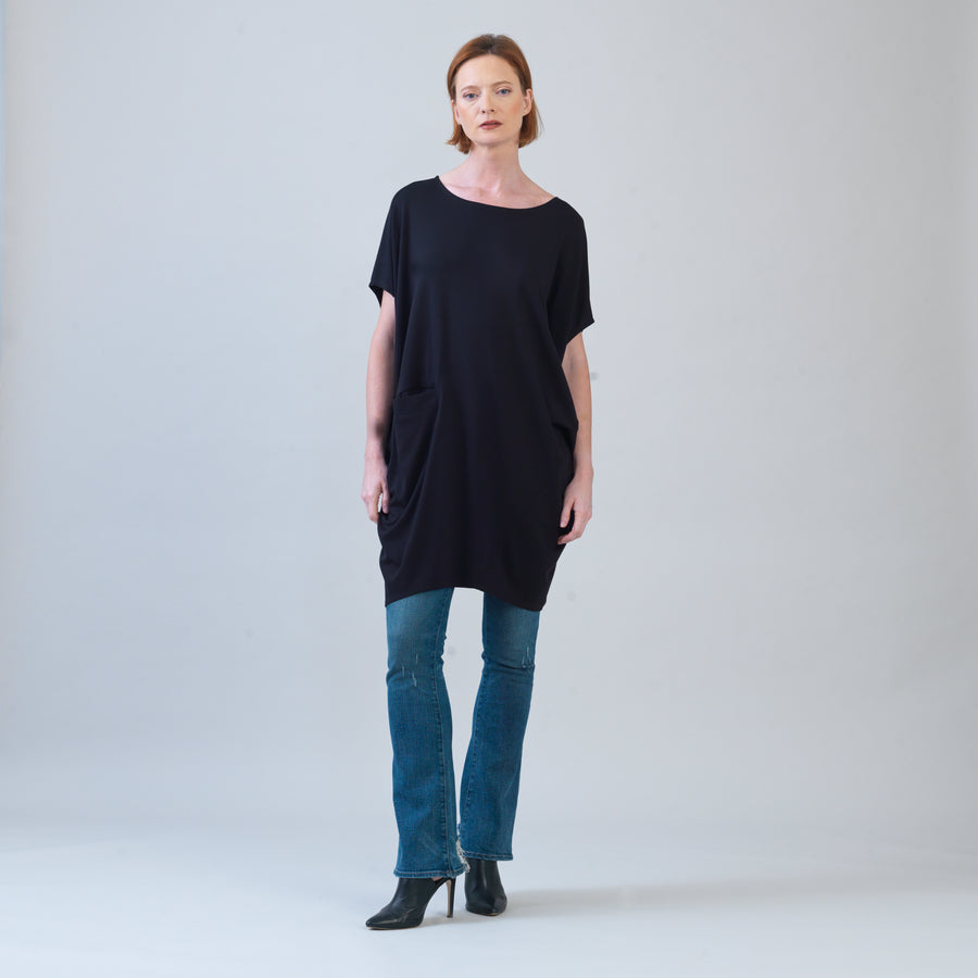 Rayon-Ponte Knit - Architectural Tunic Pocket Dress - Black - Final Sale!