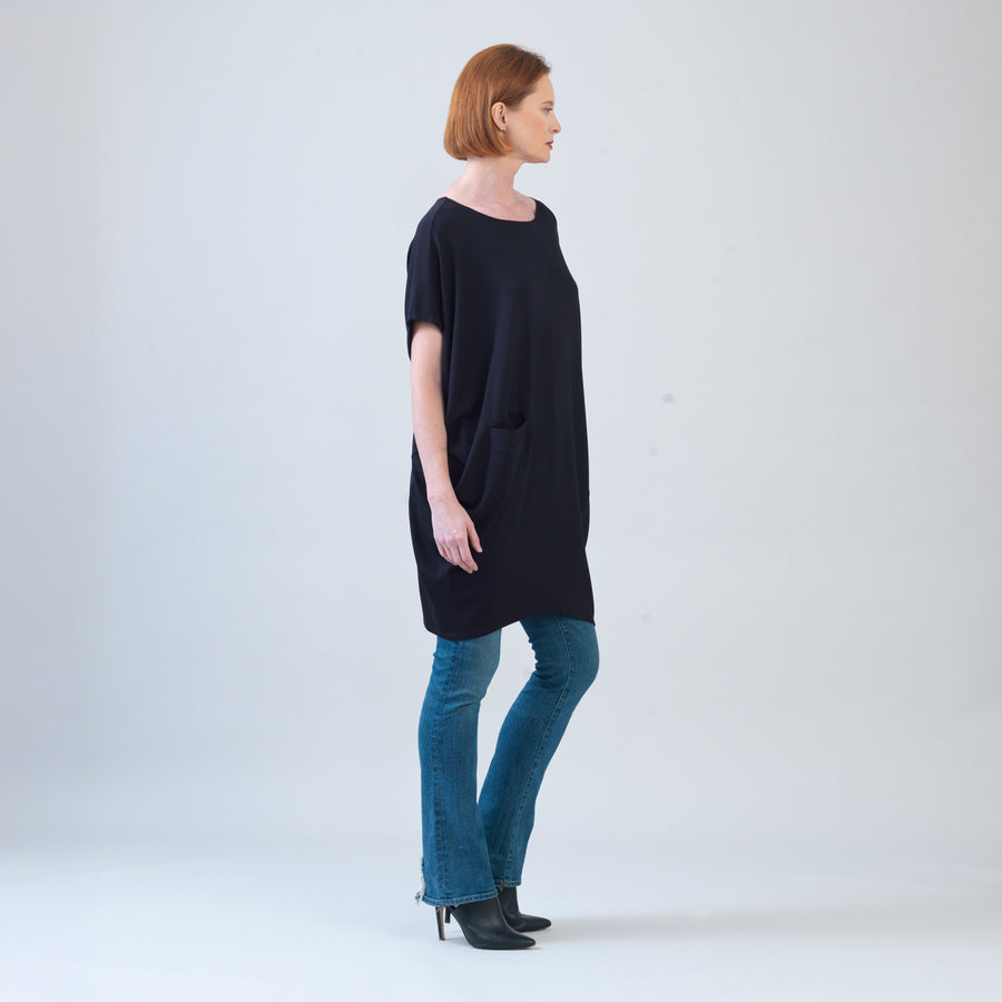 Rayon-Ponte Knit - Architectural Tunic Pocket Dress - Black - Final Sale!