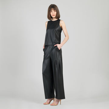 Liquid Leather™ Sheen Two-Tone Jewel Neck Tank - Black