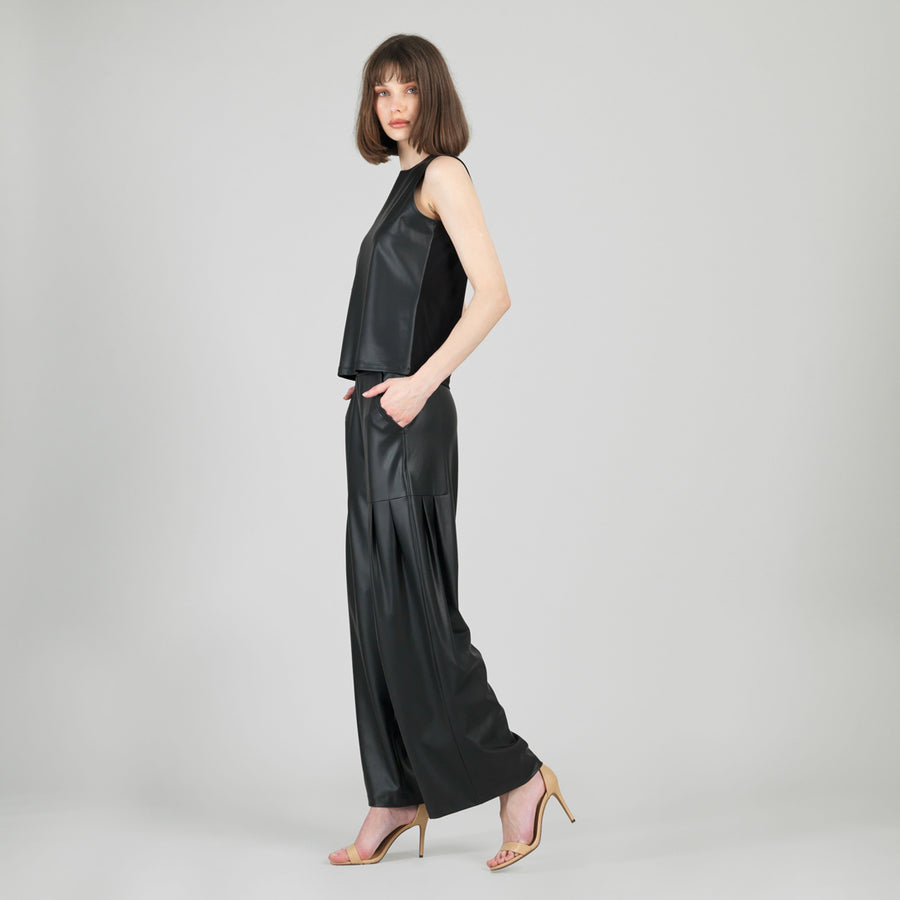 Liquid Leather™ Sheen Two-Tone Jewel Neck Tank - Black