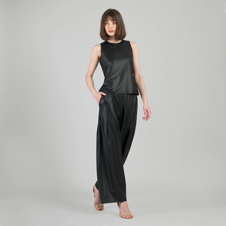 Liquid Leather™ Sheen Two-Tone Jewel Neck Tank - Black