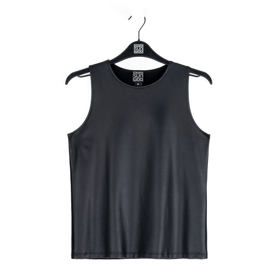 Liquid Leather™ Sheen Two-Tone Jewel Neck Tank - Black