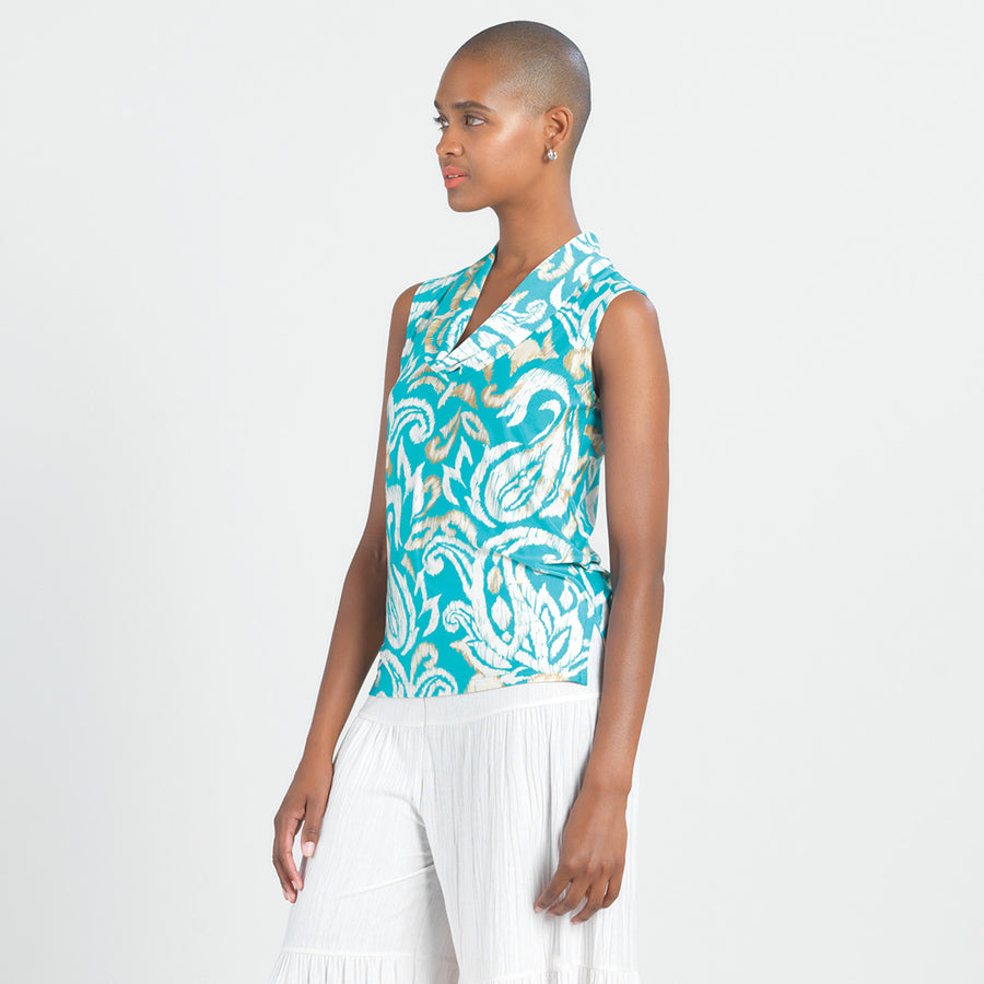 Butter Knit - Sleeveless Draped Cowl Neck Top - Paisley Lotus