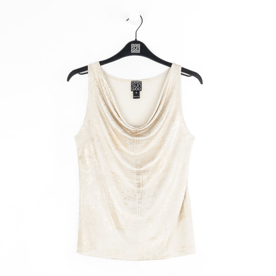 Foil Sheen - Cowl Neck Draped Tank - Champagne