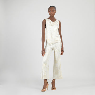 Foil Sheen - Cowl Neck Draped Tank - Champagne