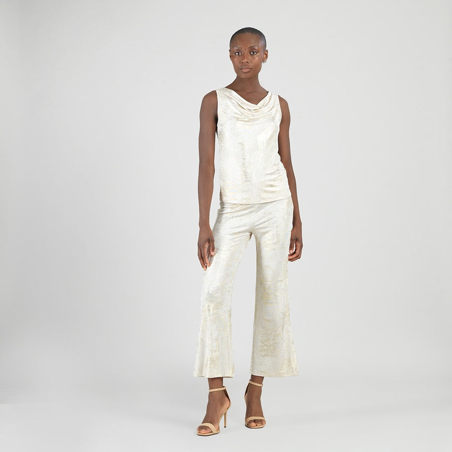 Foil Sheen - Cowl Neck Draped Tank - Champagne