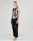 Metallic Shimmer - Cowl Neck Draped Tank - Gunmetal