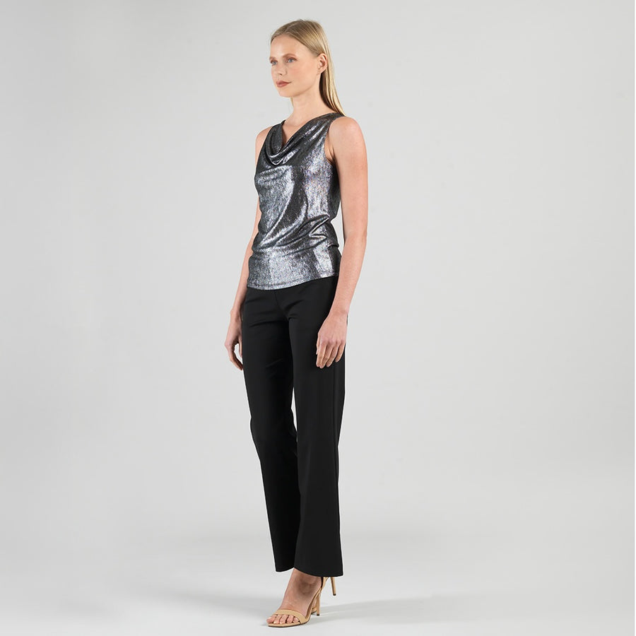 Metallic Shimmer - Cowl Neck Draped Tank - Gunmetal