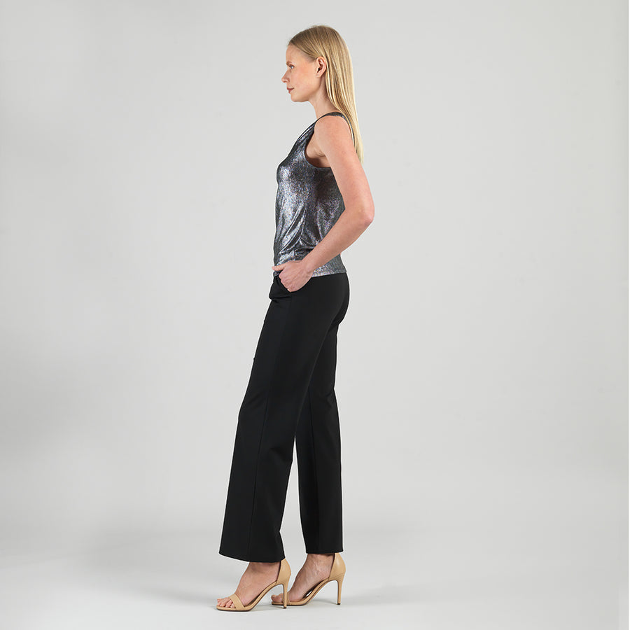 Metallic Shimmer - Cowl Neck Draped Tank - Gunmetal