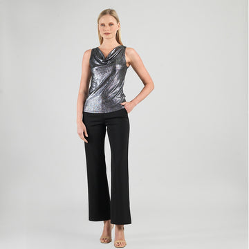 Metallic Shimmer - Cowl Neck Draped Tank - Gunmetal