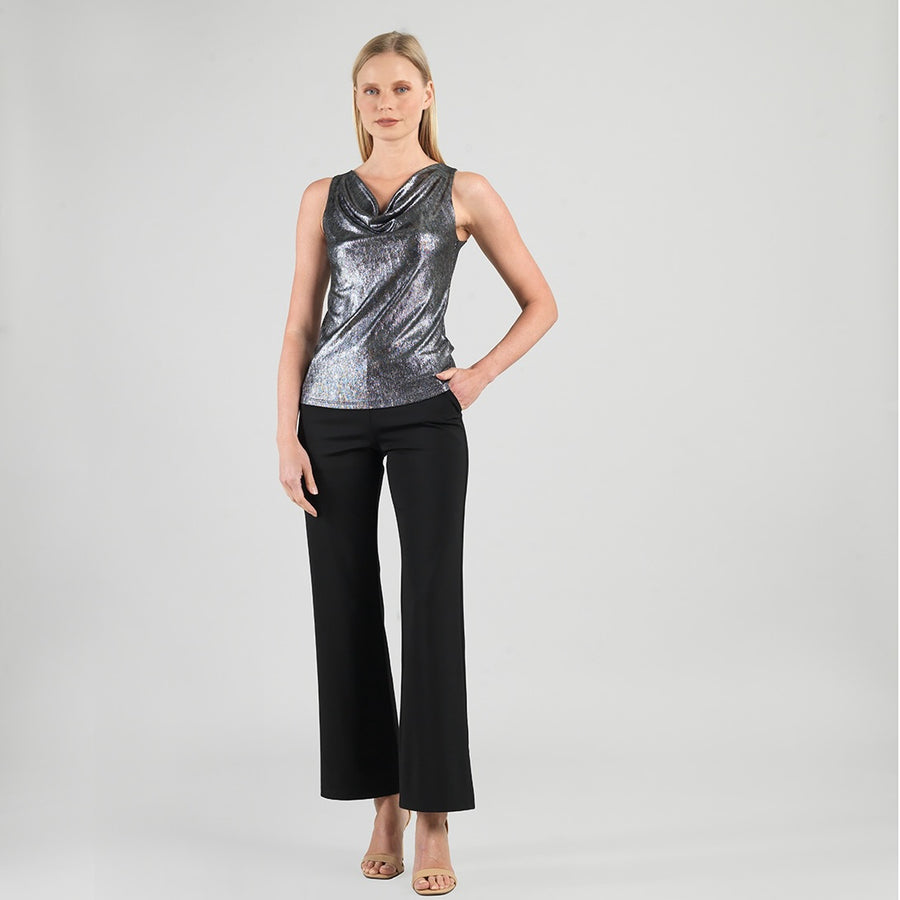 Metallic Shimmer - Cowl Neck Draped Tank - Gunmetal