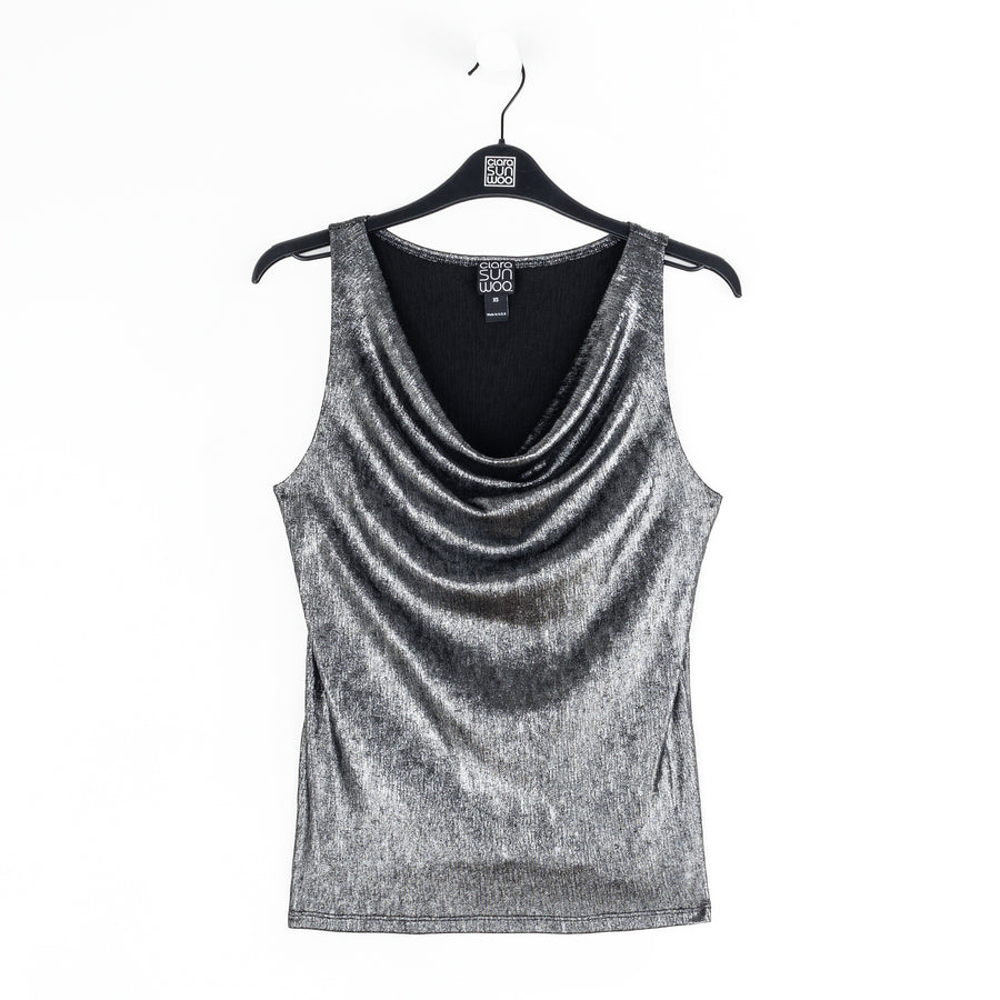 Metallic Shimmer - Cowl Neck Draped Tank - Gunmetal