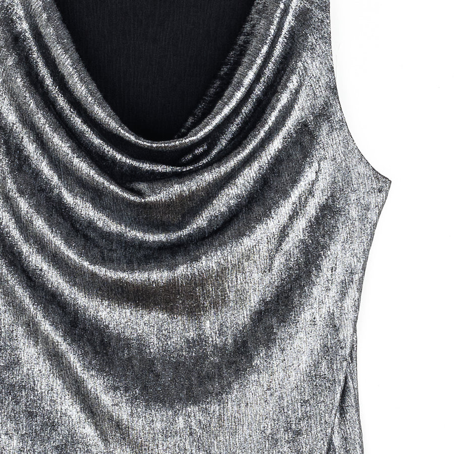 Metallic Shimmer - Cowl Neck Draped Tank - Gunmetal