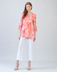 Light Knit - Flutter Cuff Angle Vent Tunic - Palm Branch-Coral - Final Sale!