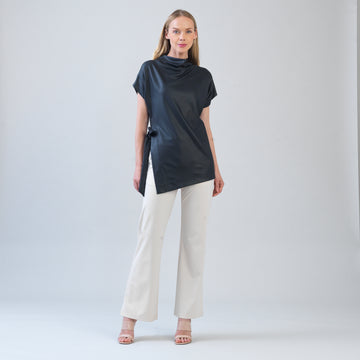 Liquid Leather™ - Funnel Neck Side Vent Tie Tunic - Black - Final Sale!
