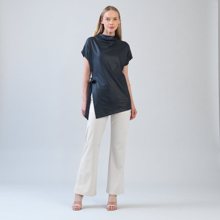 Liquid Leather™ - Funnel Neck Side Vent Tie Tunic - Black - Final Sale!