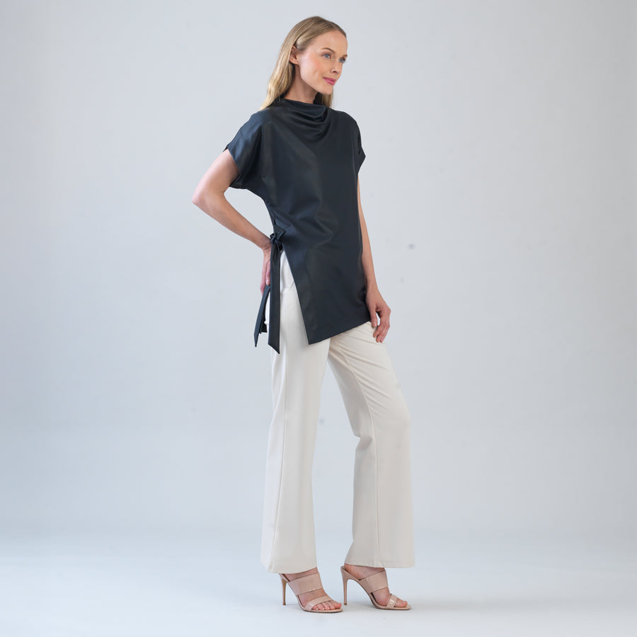 Liquid Leather™ - Funnel Neck Side Vent Tie Tunic - Black - Final Sale!