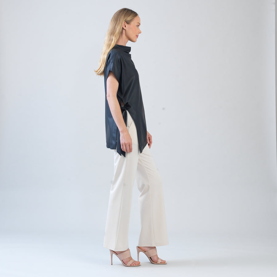 Liquid Leather™ - Funnel Neck Side Vent Tie Tunic - Black - Final Sale!