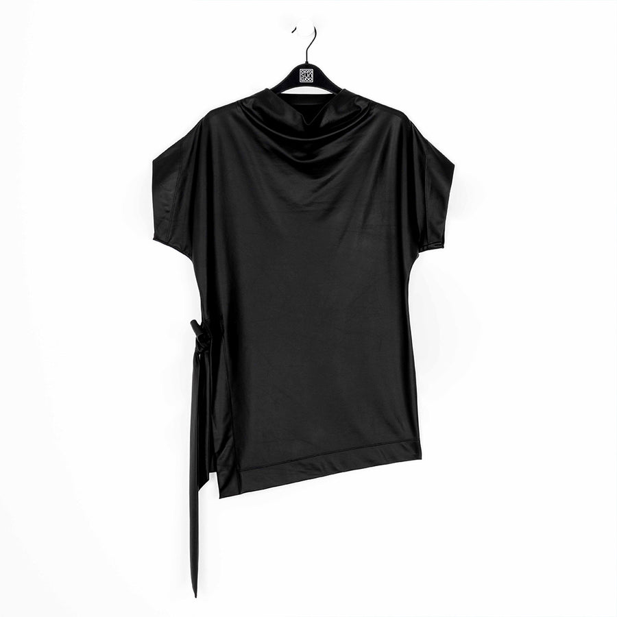 Liquid Leather™ - Funnel Neck Side Vent Tie Tunic - Black