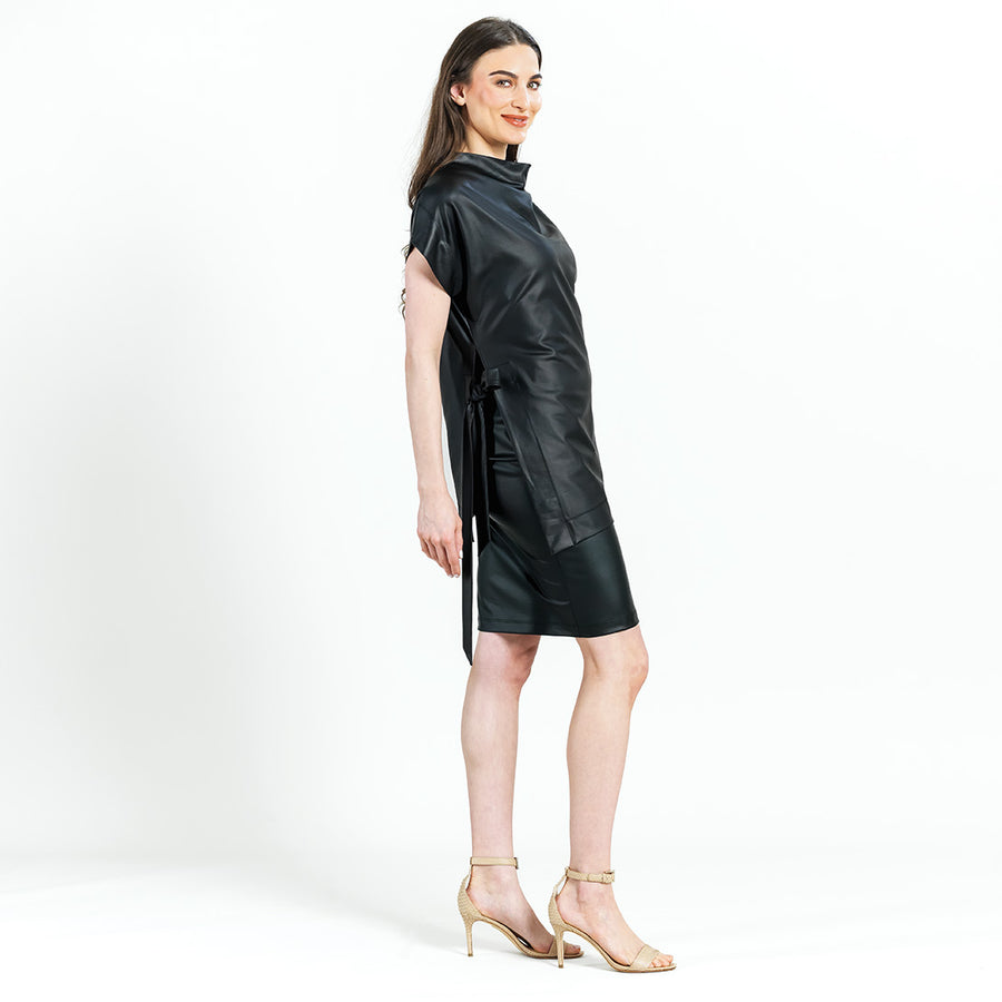 Liquid Leather™ - Funnel Neck Side Vent Tie Tunic - Black