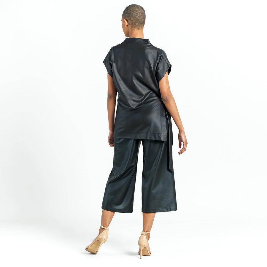 Liquid Leather™ - Funnel Neck Side Vent Tie Tunic - Black