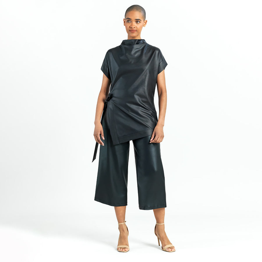 Liquid Leather™ - Funnel Neck Side Vent Tie Tunic - Black