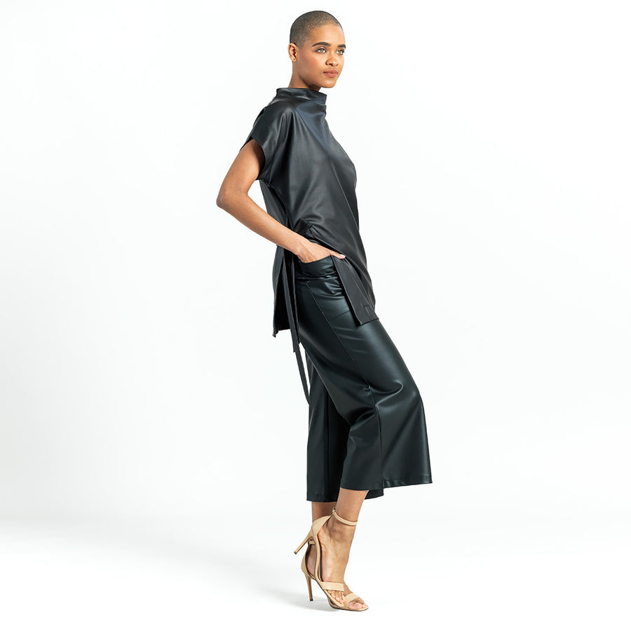 Liquid Leather™ - Funnel Neck Side Vent Tie Tunic - Black