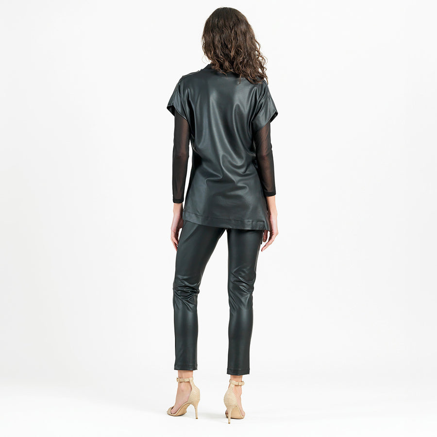 Liquid Leather™ - Funnel Neck Side Vent Tie Tunic - Black