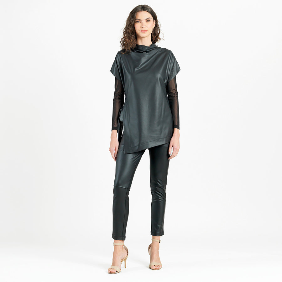 Liquid Leather™ - Funnel Neck Side Vent Tie Tunic - Black