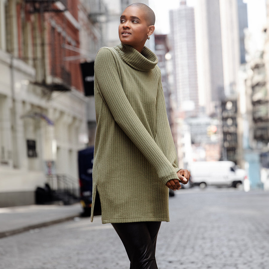 Chunky Ribbed - Cowl Turtleneck Sweater Tunic - Olive