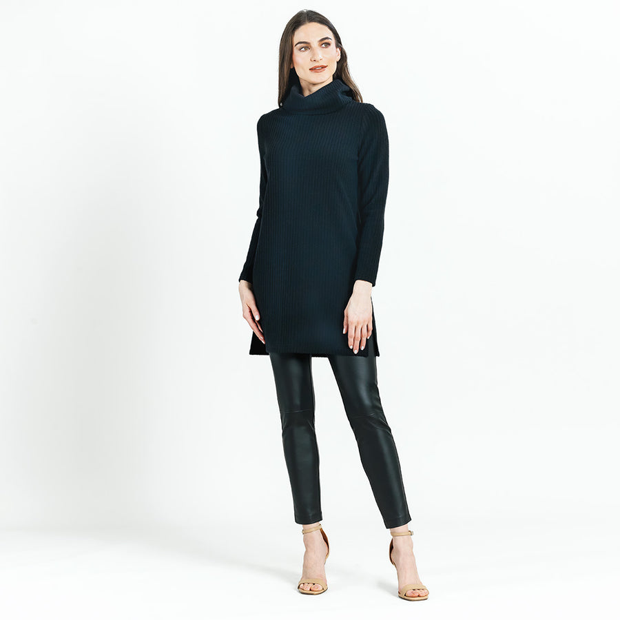 Chunky Ribbed - Cowl Turtleneck Sweater Tunic - Black