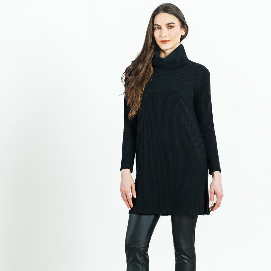 Chunky Ribbed - Cowl Turtleneck Sweater Tunic - Black