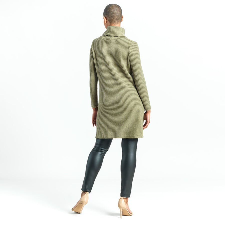 Chunky Ribbed - Cowl Turtleneck Sweater Tunic - Olive