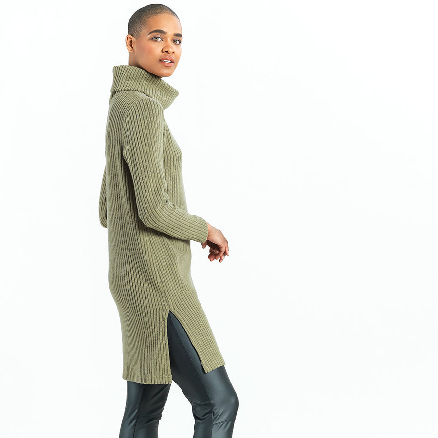 Chunky Ribbed - Cowl Turtleneck Sweater Tunic - Olive