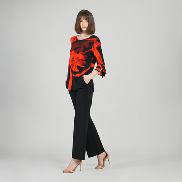 Tie Cuff Curved Hem Tunic - Floral Eclipse-Red