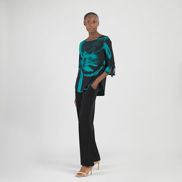 Tie Cuff Curved Hem Tunic - Floral Eclipse-Teal