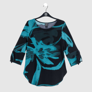 Tie Cuff Curved Hem Tunic - Floral Eclipse-Teal