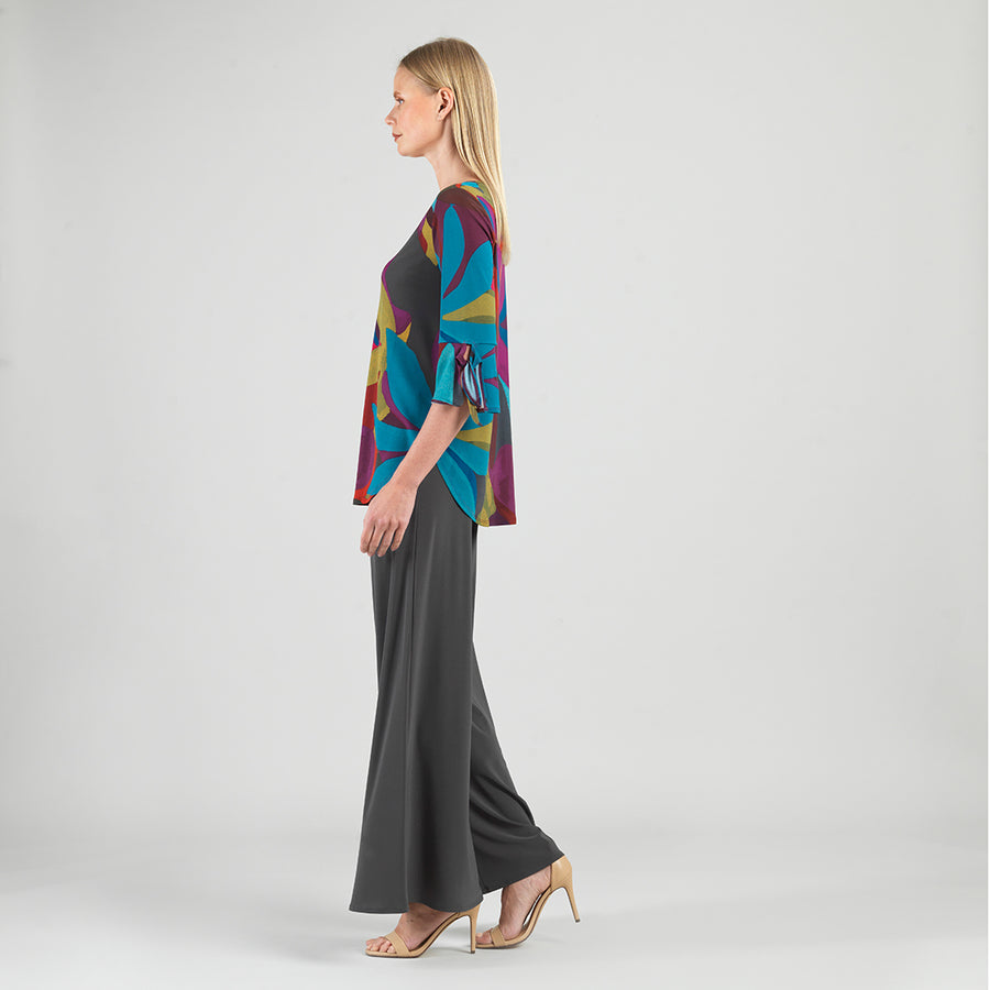 Tie Cuff Curved Hem Tunic - Petal Burst