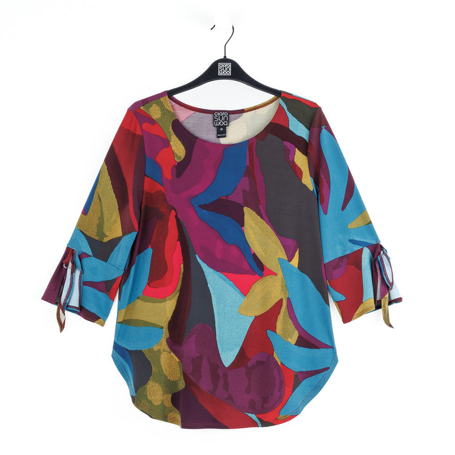 Tie Cuff Curved Hem Tunic - Petal Burst